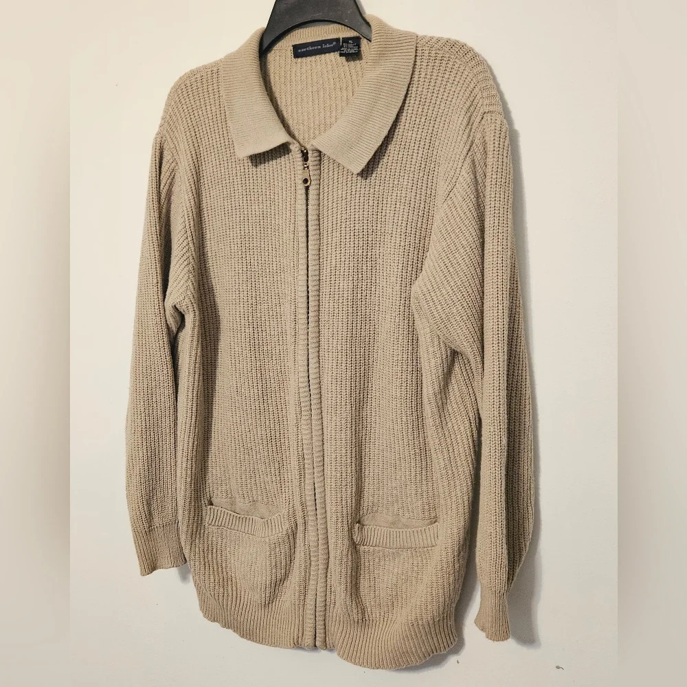 Vintage 90s Northern Isles Oatmeal knit zip cardigan sweater  Xl